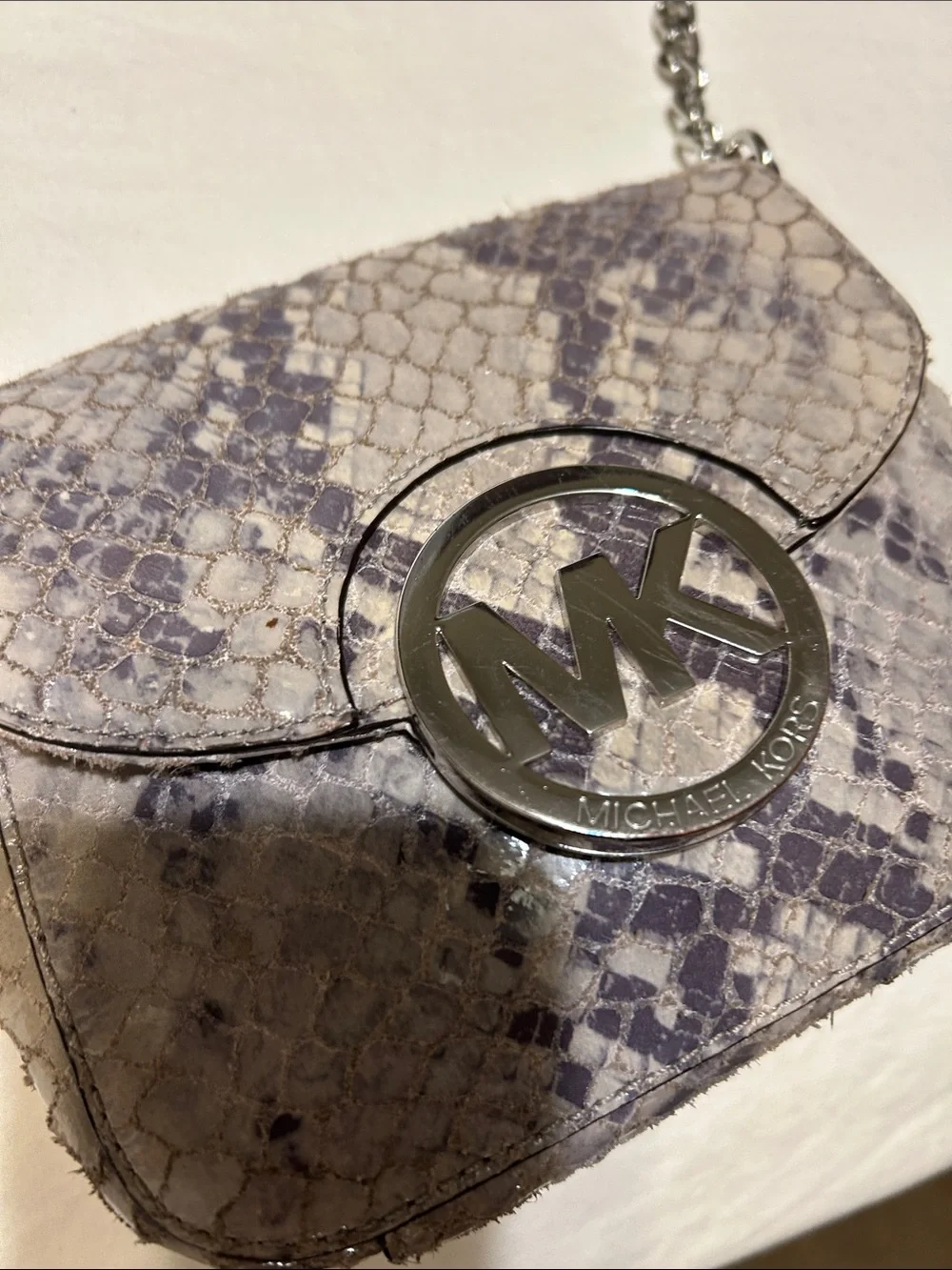 Michael Kors Lavender and Gray Snakeskin MK Chain Crossbody